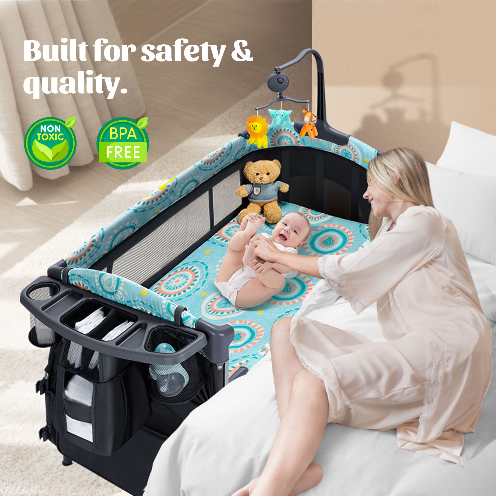 Cozibb bedside sleeper mode, attaches to parents' bed for convenient nighttime baby care, built for safety & quality