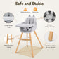 High chair with a 5-point harness, anti-slip feet, and smooth edges for baby safety